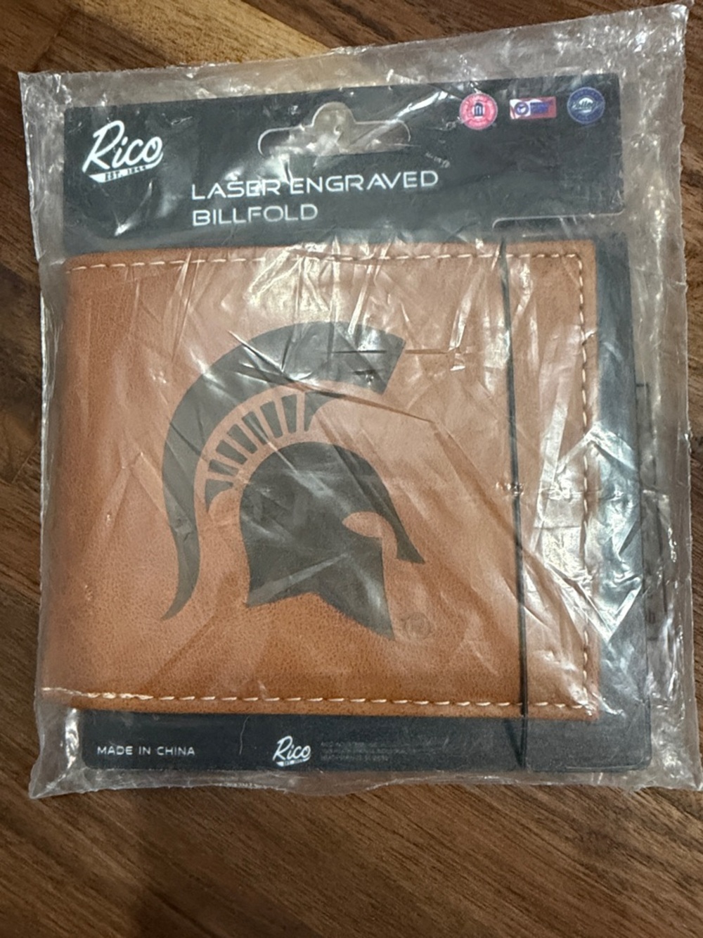Rico Laser-Engraved Tan Brown Leather Look Billfold Wallet with Spartan Helmet